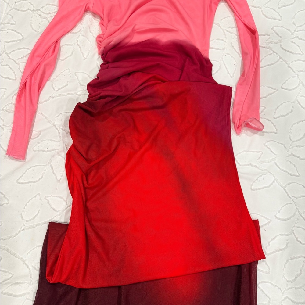 Elegant Pink and Red Ombre Maxi Dress body on size small - Picture 2 of 4